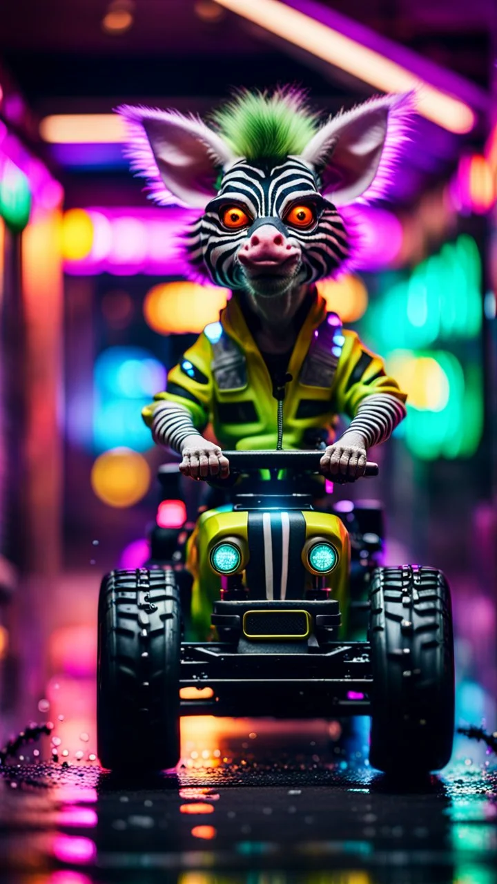 portrait of zebra Hairy Gremlin myth buster pimp ninja yoga cyber punk in flying hipster lawn tractor parked in dark neon lit reflective wet arcade hall tunnel,bokeh like f/0.8, tilt-shift lens 8k, high detail, smooth render, down-light, unreal engine, prize winning