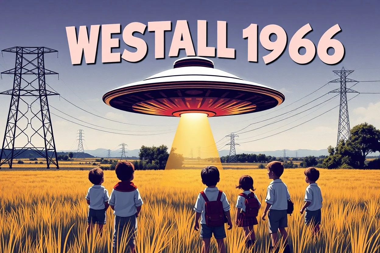 bumper sticker design, large flat ufo with small cap on top, in bold heading text "WESTALL 1966", lots of school children looking up in a field with high voltage powerline and gumtree's, mysterious cool, bold
