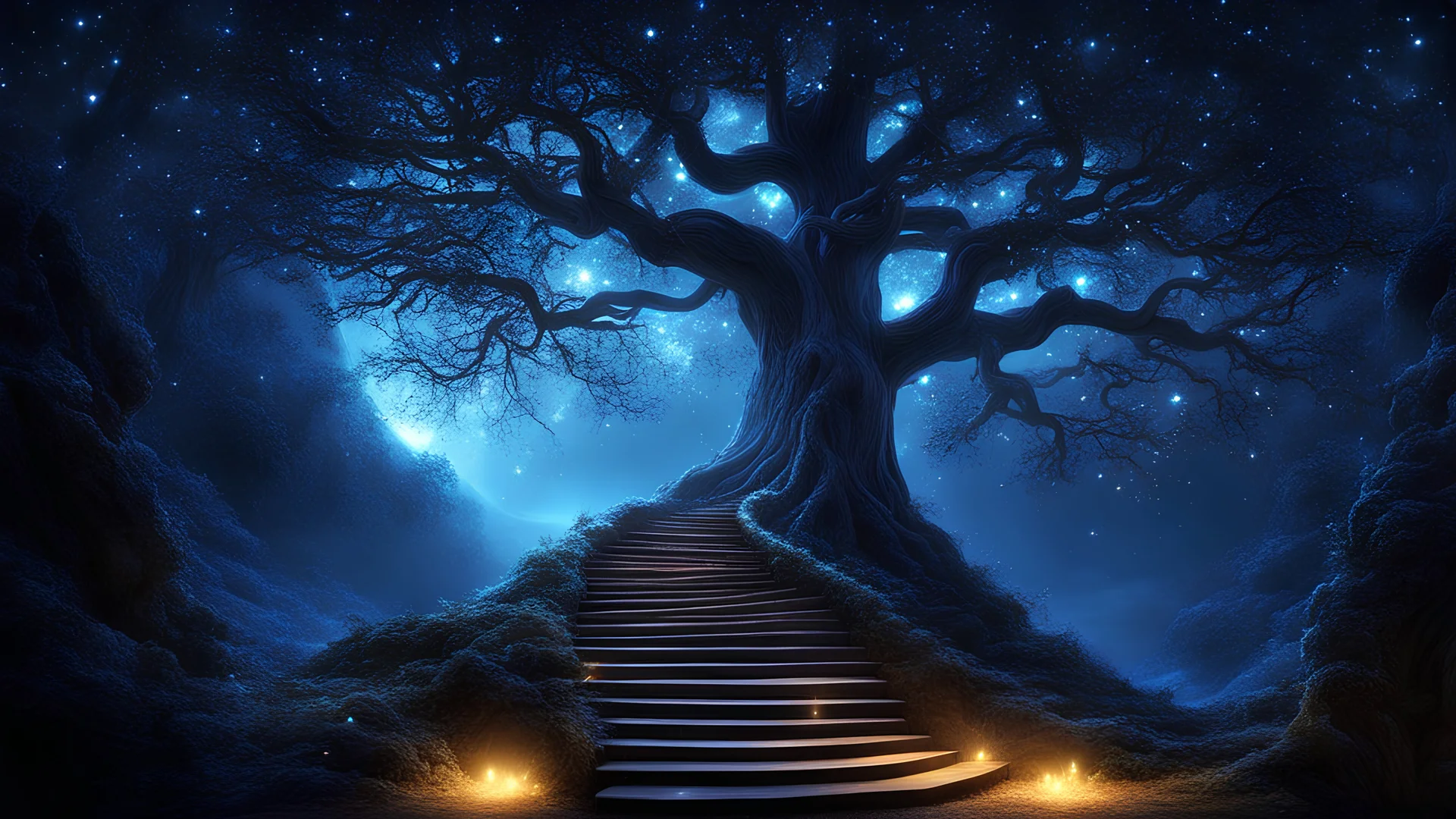 A hughe hollow tree with stairs, dark blue glowing light, fantasy, magic, dark, stars, sparkle