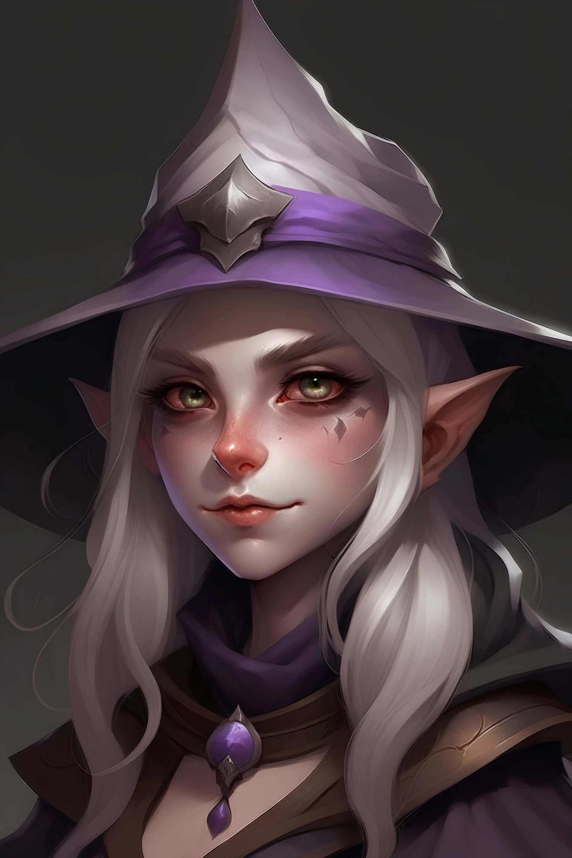 portrait dnd gnome, obsidian marble skin, purple eyes, white hair, ultra wide brim hat, female