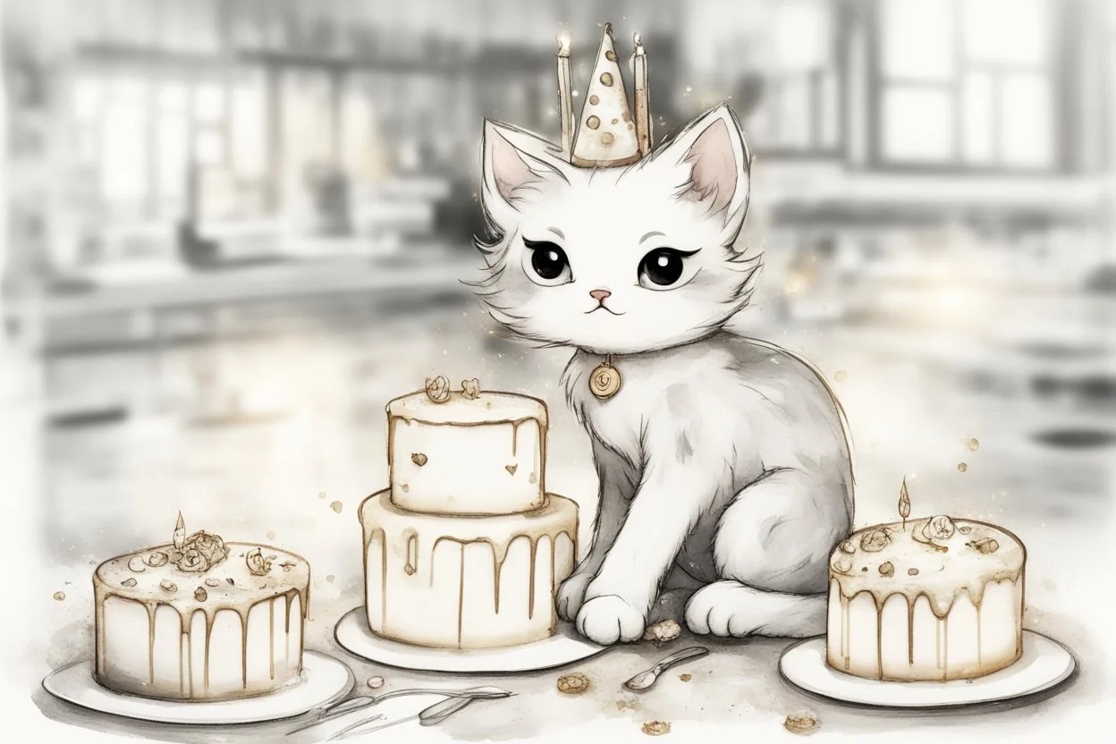 birthday cake, black and white chibi kitten in a beautiful kitchen, heart and love in the sunshine, watercolor and black ink outlines, sparkling golden glitter, ethereal, cinematic postprocessing, bokeh, dof