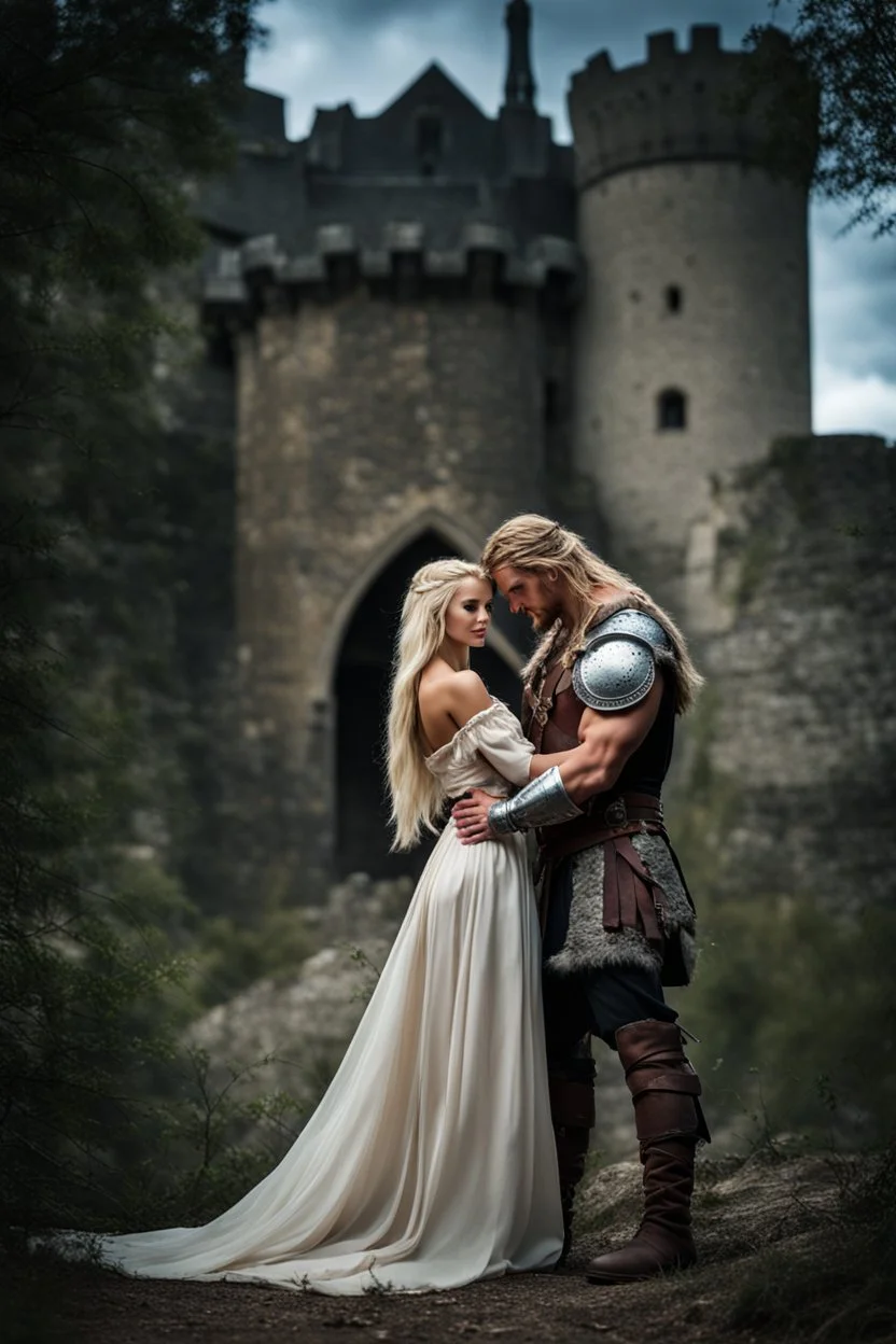 A photo realistic portrait of a stunning blonde girl and muscular long haired viking in a lovers embrace standing in front of a medieval castle