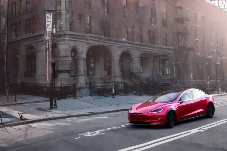 A Tesla 'Model S' is drifting at top speed, in Greenwich Village, in Manhattan. CINEMATIC. WIDE ANGLE LENS. PHOTO REAL.
