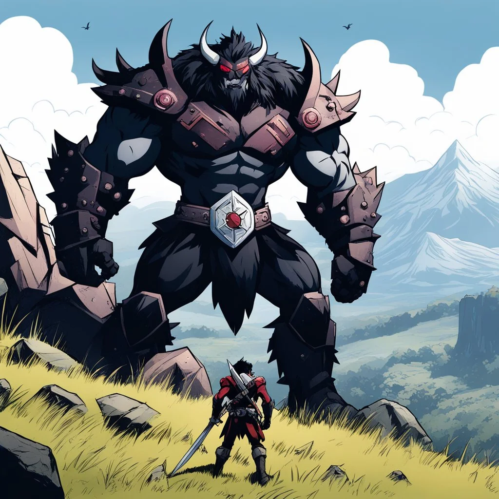 [high res photo by wii No More Heroes style with thick lines] The massive warrior watch from a rock on the hill, while a monster crawls in the valley