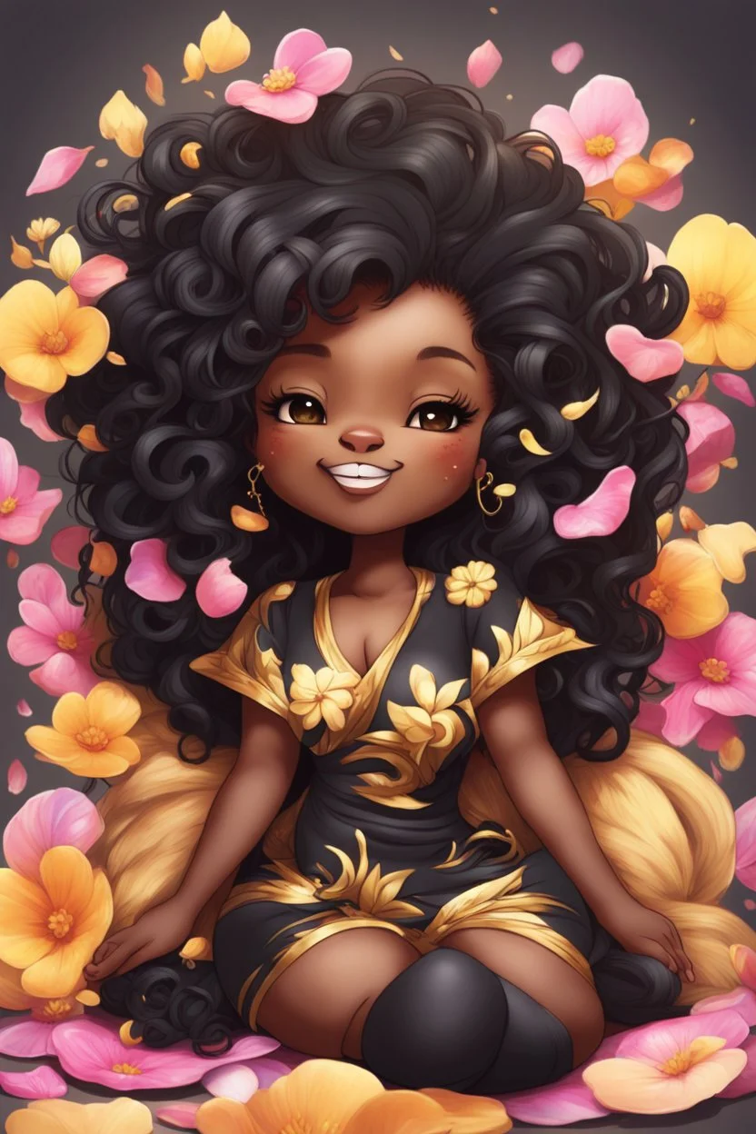 A sassy thick-lined airbrushed cartoon black chibi girl lounging lazily on her side, surrounded by flower petals. She has a golden lion tail curling playfully behind her curvy body. Looking up coyly, she grins widely, showing sharp lion teeth. Her poofy hair forms a mane framing her confident, regal expression.