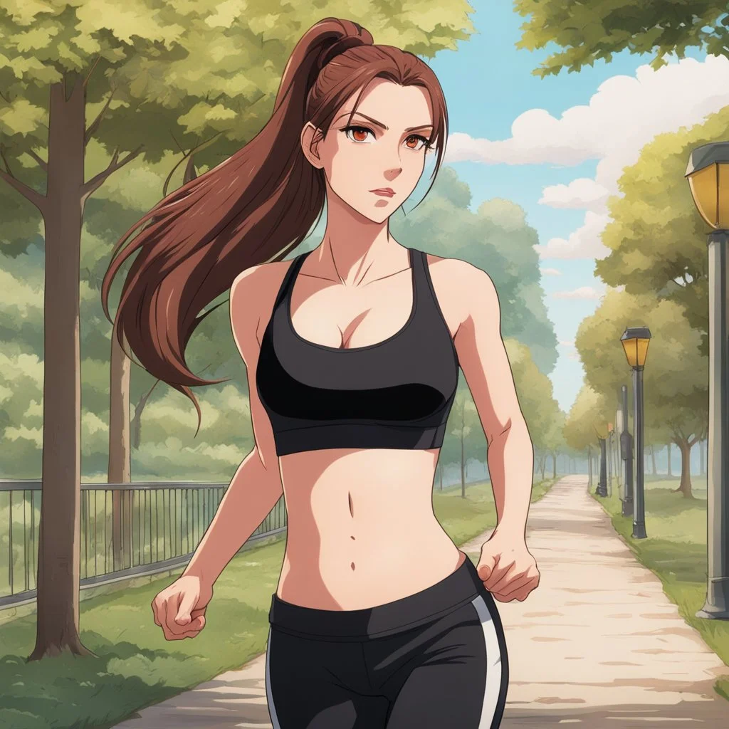 An Arrogant-Looking Young Woman With Pale Skin, Red Eyes, And Long Brown Hair Pulled Up In A Single, Straight Ponytail. Jogging in the park. wearing a black crop top and leggings. Anime Style, High Definition, Greg Rutkowski, 8k Resolution, Intricate Details