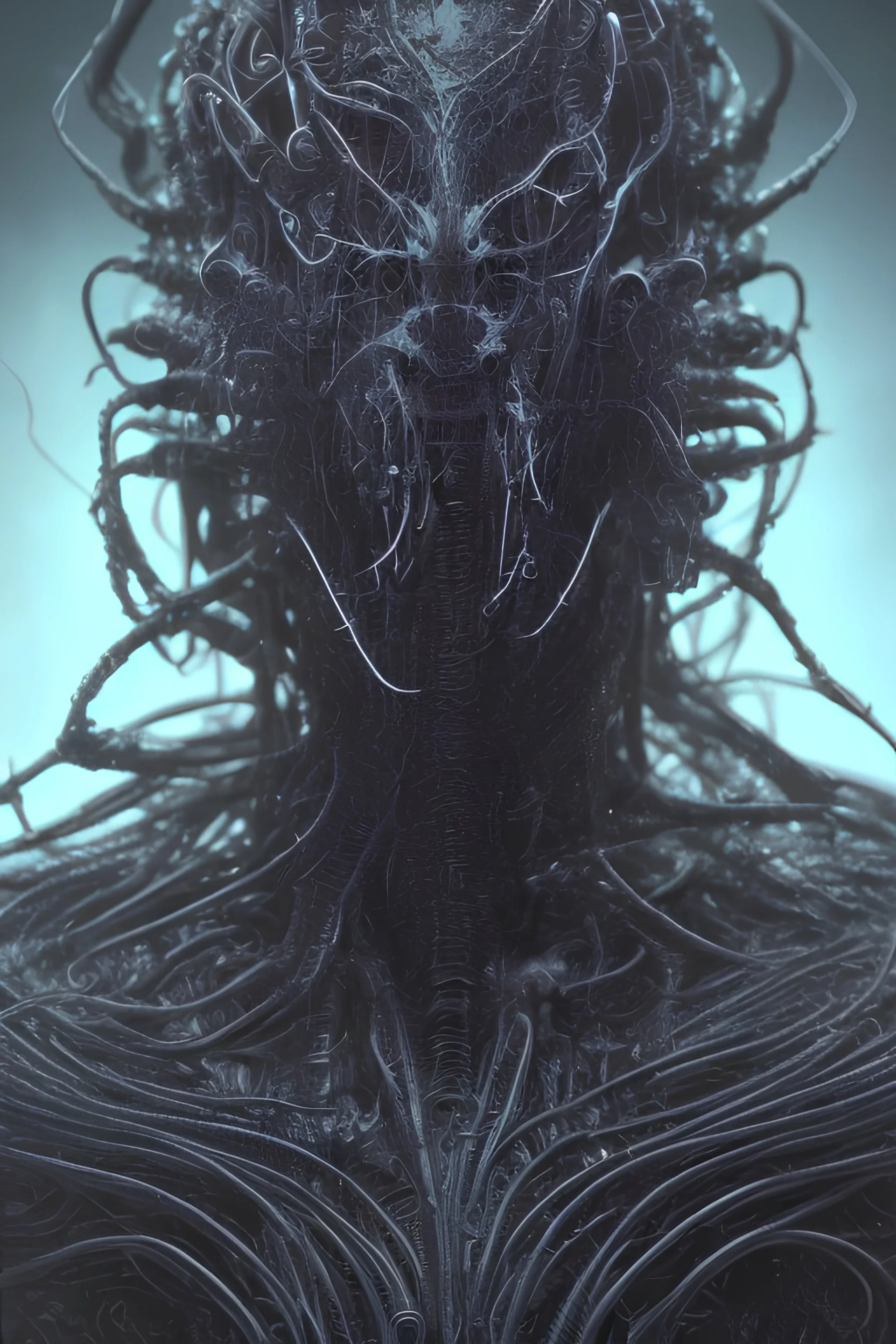 evil alien, devil, brutal face, tron, head, with hairs, 8k, finely detailed, dark light, photo realistic, hr giger, cyberpunk