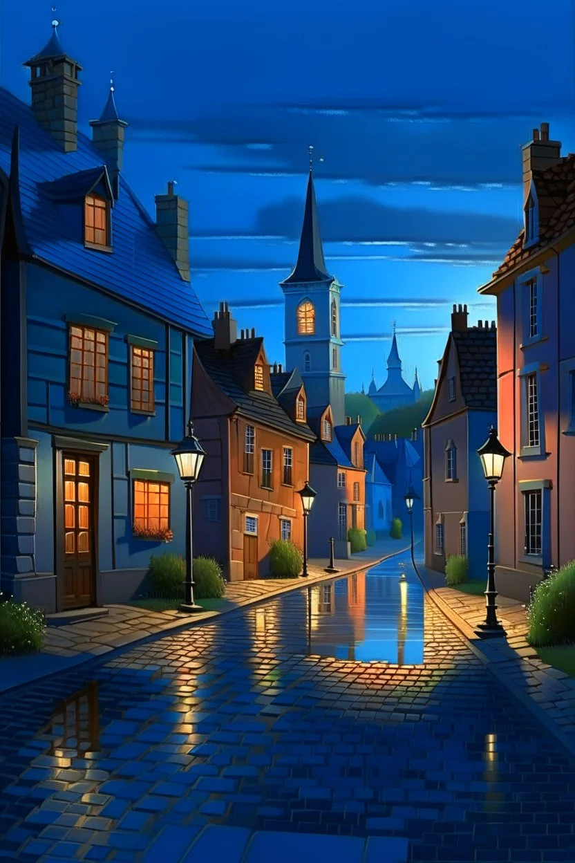 tranquil evening in a quaint town. Houses with illuminated windows dot the landscape, with their warm glow contrasting against the cool blue hues of the evening sky. Raindrops glisten on the cobblestone streets, reflecting the soft light from the street lamps. In the distance, a church or cathedral with a prominent spire stands tall, its silhouette contrasting against the fading light. The overall ambiance is one of serenity and nostalgia, evoking feelings of coziness and warmth amidst the chill