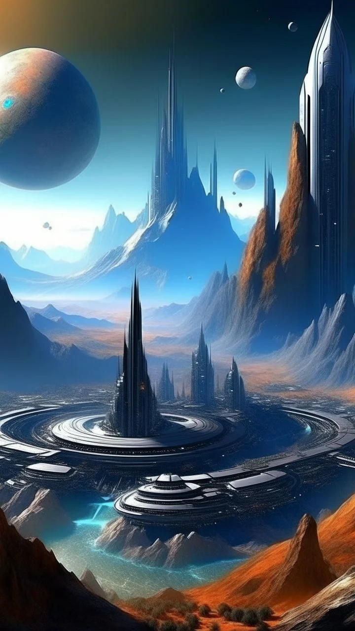 sci fi planet, space city, mountains