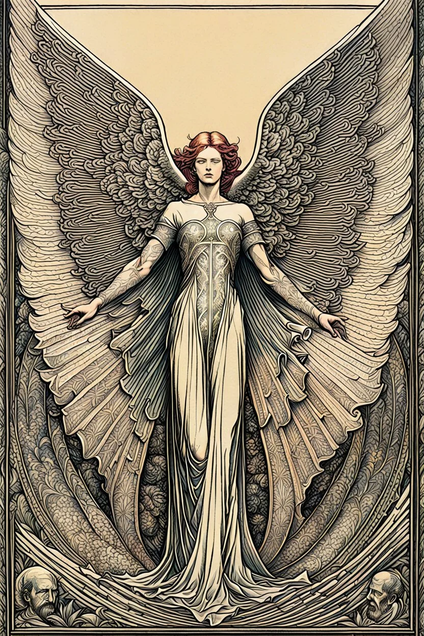 create a deeply evocative, ethereal, darkly magical engraved illustration of an epic fantasy fallen angel with highly detailed and deeply cut facial features, large outstretched wings, body covered in feathers, in the style of EDWARD BURNE-JONES, WILLIAM MORRIS, and KATHE KOLLWITZ combined with the comic art style of BILL SIENKIEWICZ and JEAN GIRAUD MOEBIUS, searing lines and forceful strokes, precisely drawn, inked, and darkly colored