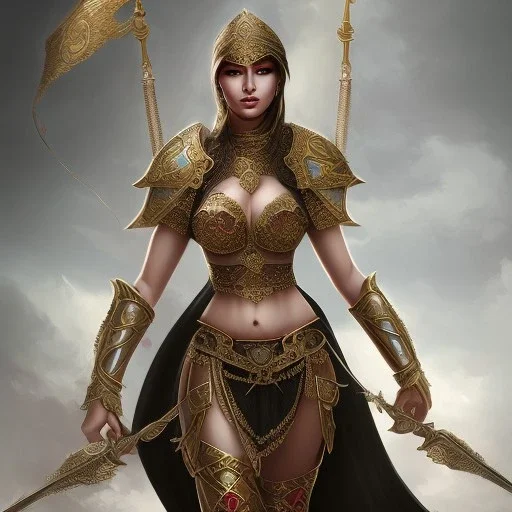 arab female warrior sexy big cleavage dark eyes ornate metal armour silks