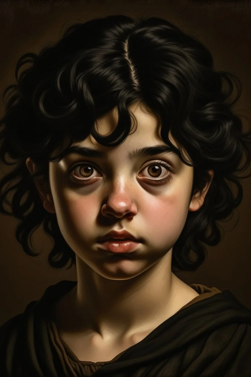 A portrait of a female halfling, dark eyes, black hair, Caravaggio style