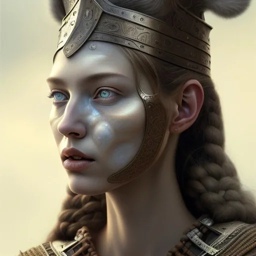 close up portrait face as viking woman, fine detail, highly intricate, modern surrealism painting, defined cracks and breaks, high-quality, volumetric lighting, 8k, ultrahd, George Grie, Marco Escobedo, Igor Morski,Brian Froud, Howard Lyon, Selina French,