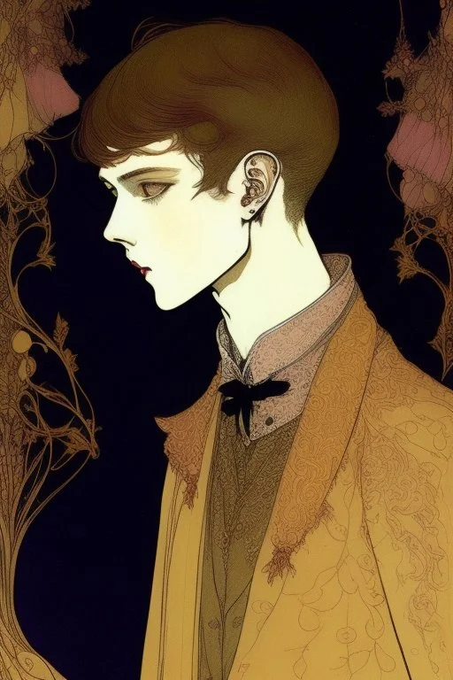 17 year old boy, pig-like facial features, dressed in noble clothes, friendly, with upturned nose, short tusks , in the style of Harry Clarke