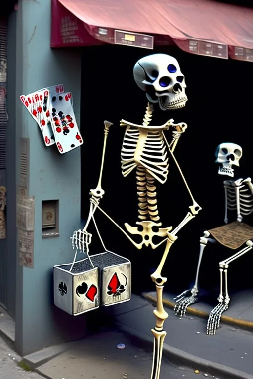 Skeletons hanging out in a street corner, tossing dice and money, illegal gambling, surrealism, modern art, graphic novel art style, sinister, Urban art, death