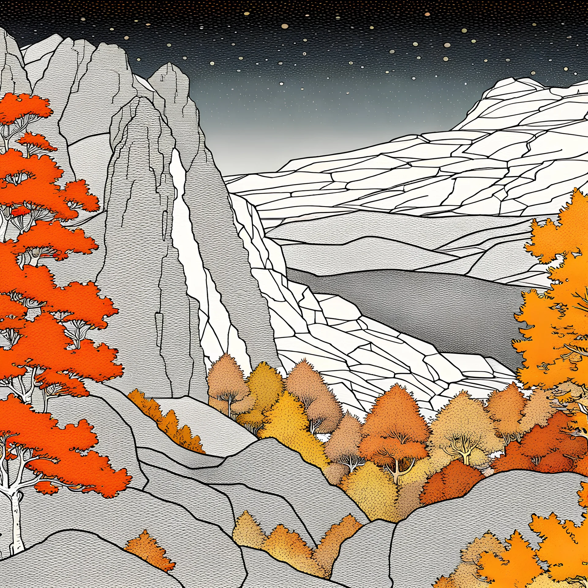 Autumn colors, peaceful, stars, Amano, Egon Schiele, night sky, rock formations, trees, flowers, silver rust gradient, one-line drawing, sharp focus, 8k, 3d, deep field, ornate