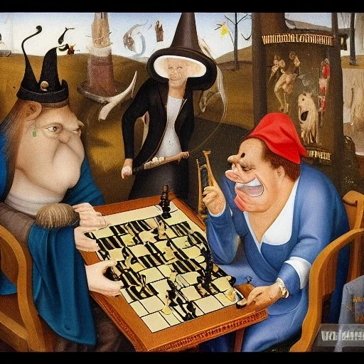 Shooter McGavin from Happy Gilmore playing chess with Wario in the style of Hieronymus Bosch