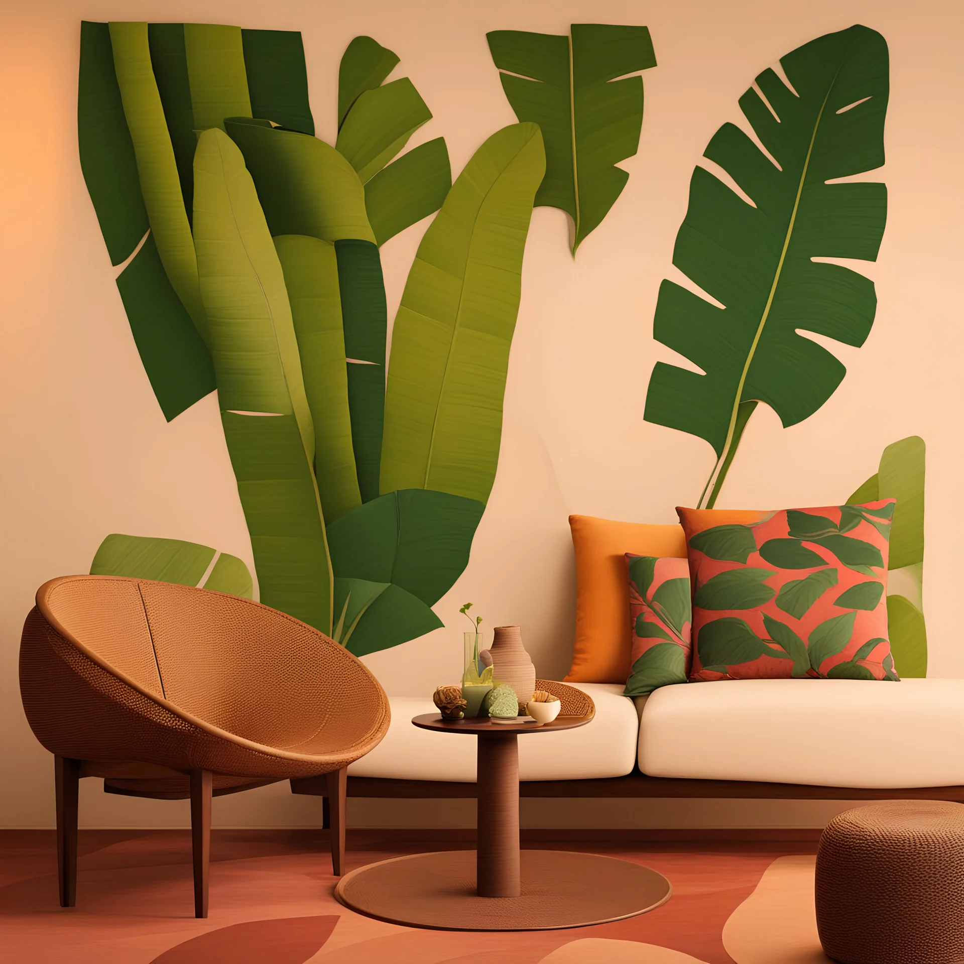 a painting with large banana leaves on the wall of the interior in the style of Luis Barragan