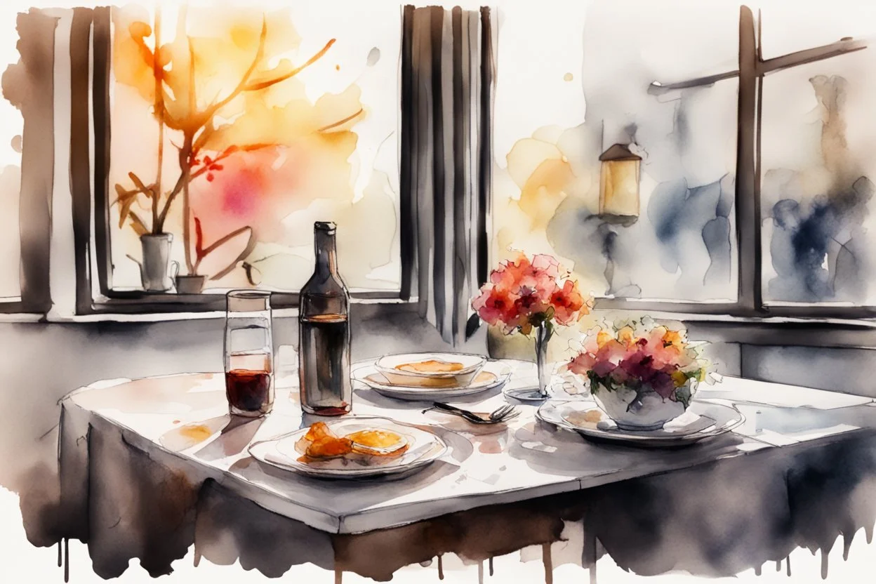 A table in a nice restaurant next to the window, meal, wine and flower on it, melting watercolor and black ink outlines on wet paper, soft, shading strokes, in sunshine, ethereal, otherwordly, cinematic postprocessing, bokeh, dof