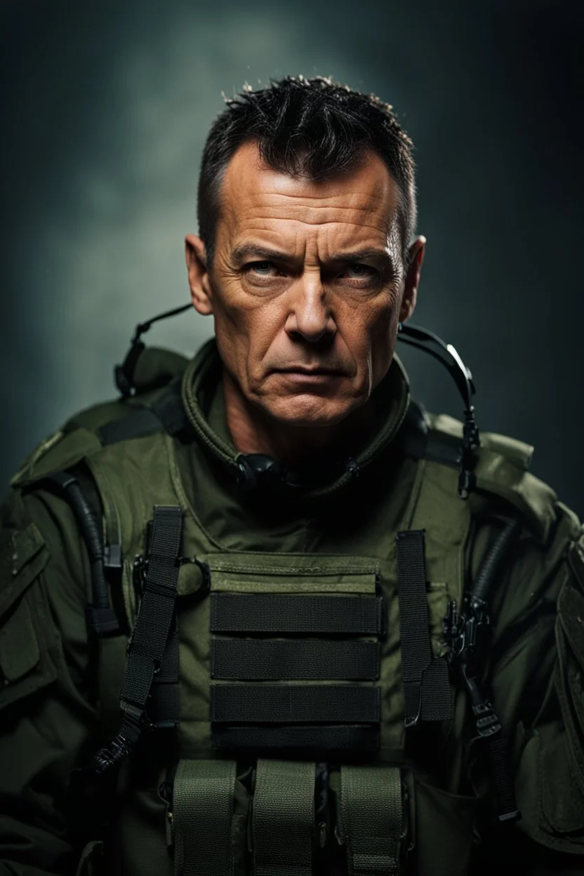 portrait of a 50 year old evil military commander. Cruel expression, dark crew cut hair,