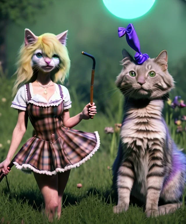 Ultra realistic photo, happy couple, blonde Alice woman and purple cat smoking a pipe, circus blue dress style, black headband with bow, old school body tattoo, smoke, marihuana garden, glow eyes, perfect iris, soft color, highly detailed, unreal engine 5, ray tracing, RTX, lumen lighting, ultra detail, volumetric lighting, high definition.