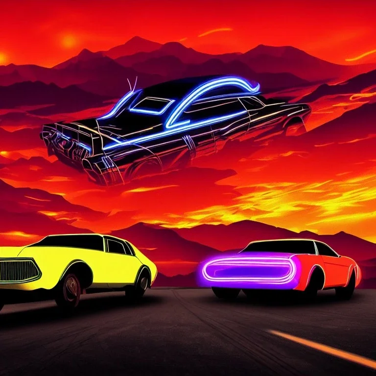 art deco, cyberpunk, two neon muscle cars, race, speed, desert road, sunset, full colour, hd,