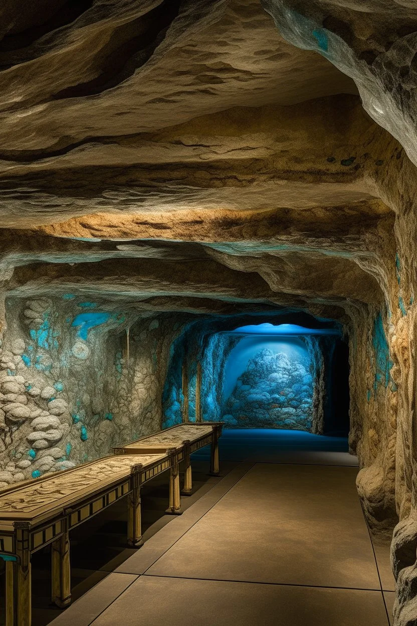 A tan underground cavern with crystal geodes designed in Mexican folk art painted by Utagawa Hiroshige