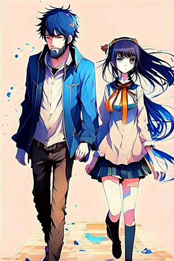 anime couple, walking , colorful, man with salt and pepper beard and woman with dark hair and blue eyes