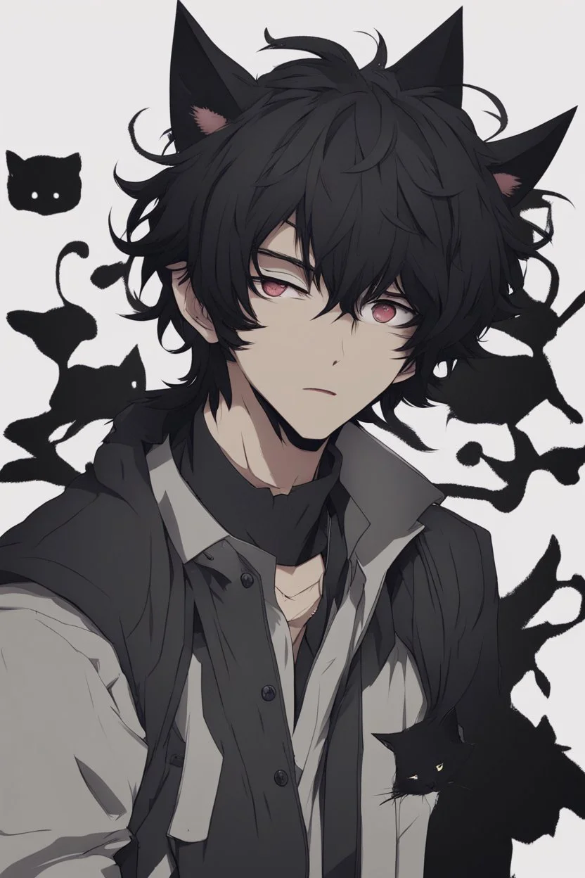 A male anime man with messy black hair, black cat ears.