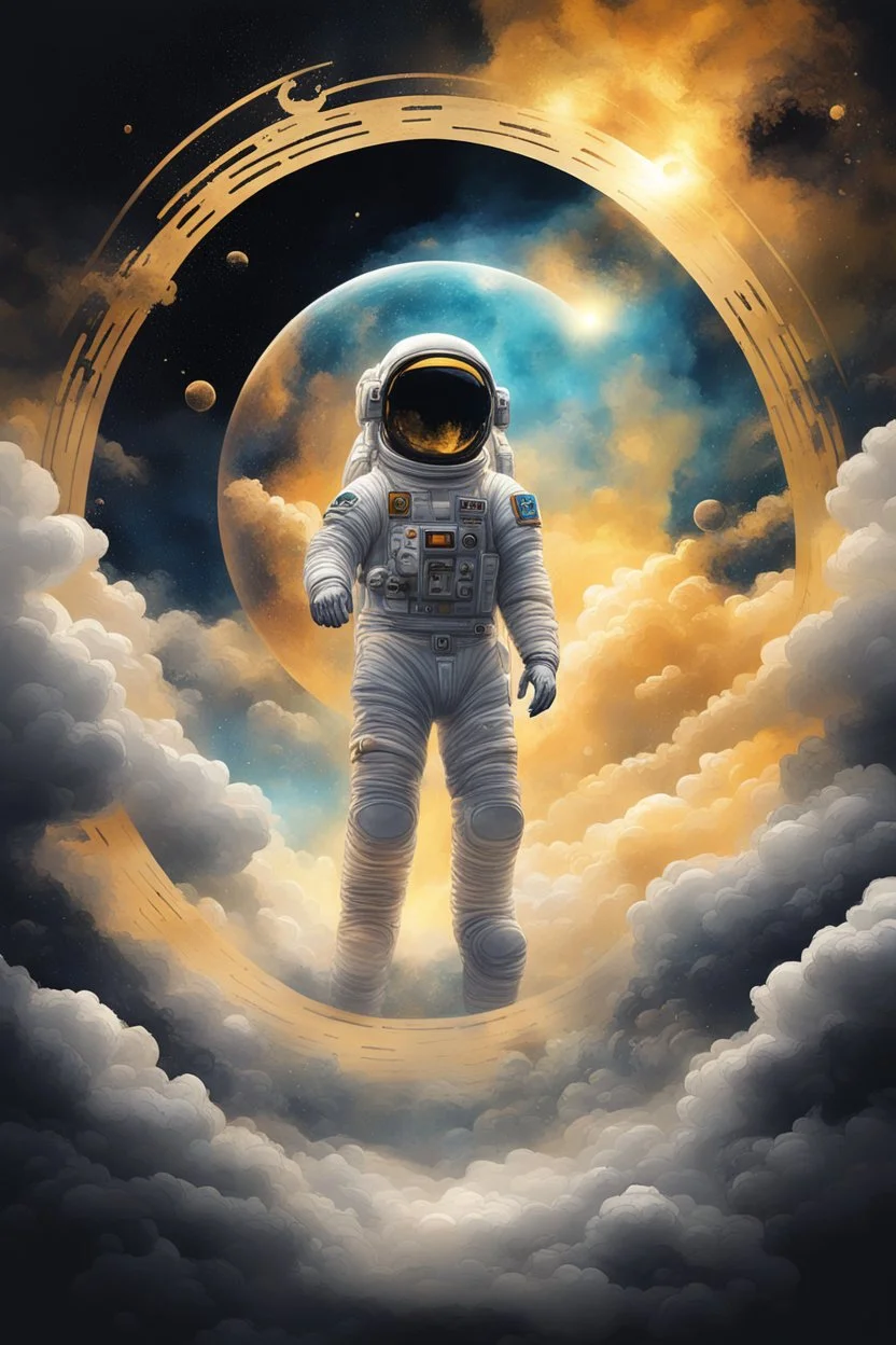 A detailed illustration muted chinese ink painting, magic cosmic colors, rice paper texture, digital paint, halo astronaut, one black and gold future portal in the sky. Venus. Space. Clouds wet to wet techniques. vibrant vector professional art. using Cinema 4D