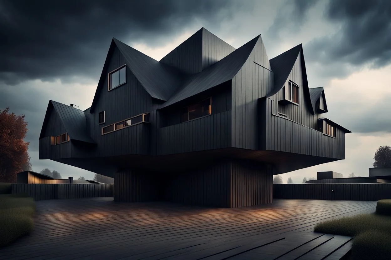 photo from high realistic strange giant asymmetrical weird big house with wide and asymmetrical unique rooftop, deep, dark and complementer colors, metalic, minimalism, random utopistic background, landscape, detailed, sharp focus, cinematic