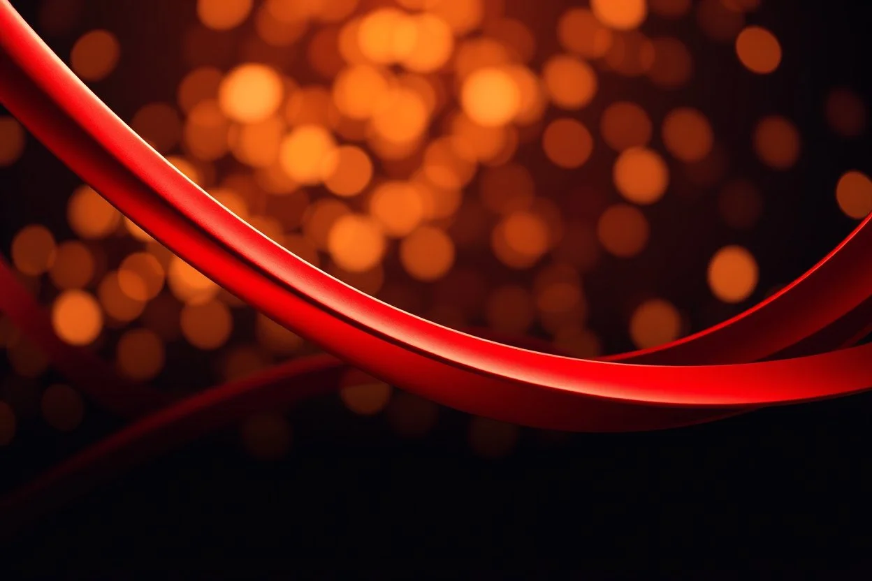 Macro-scale abstract photography of smooth, glossy red metallic ribbons curving diagonally. Vibrant highlights and deep shadows create a strong sense of form and depth. The dark background is filled with soft, warm golden bokeh lights. Professional studio lighting, 8k resolution, sleek and modern aesthetic.