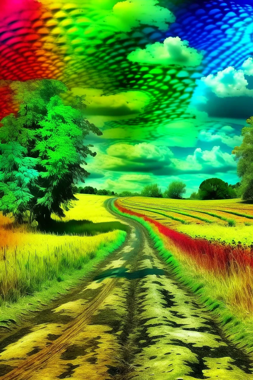 Prompt: tie-dye country road