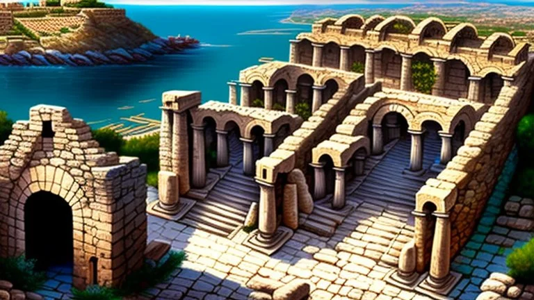 An ancient Phoenician city with a large gate , from down view