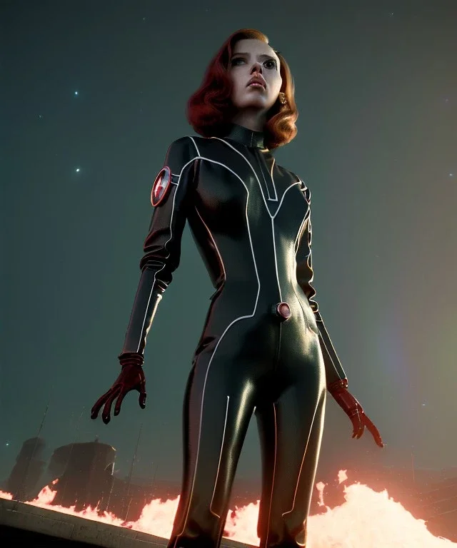 retro sci-fi portrait image from 1960, supermarket parking explosion, fire, classic black widow, young Scarlett Johansson, classic black tight lycra latex suit, retro superhero style, soft color, highly detailed, unreal engine 5, ray tracing, RTX, lumen lighting, ultra detail, volumetric lighting, 3d, finely drawn, high definition, high resolution.