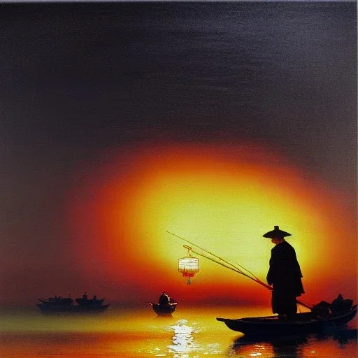 Drawing of 'traditional Chinese fisherman'river,boat,lantern,cormorans,painting by gaston bussiere, greg rutkowski, yoji shinkawa, yoshitaka amano, tsutomu nihei, donato giancola, tim hildebrandt, evan lee,oil on canvas, cinematic composition, extreme detail,fit full head inside picture,16k