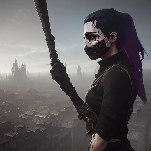 women, faces covered in black masks, ragged clothes, holding flag, war-torn, destroyed city in the background, 8k resolution, hyperrealistic, detailed matte painting, b&w, dynamic lighting, war, anarchy, terrorists