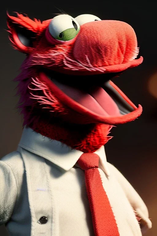 Realistic image, hybrid formed by simple Elmo muppet head and real human body, Shirt and tie, concept art, smooth, unreal engine 5, god lights, ray tracing, RTX, lumen lighting, ultra detail, volumetric lighting, 3d, finely drawn, high definition, 4k.