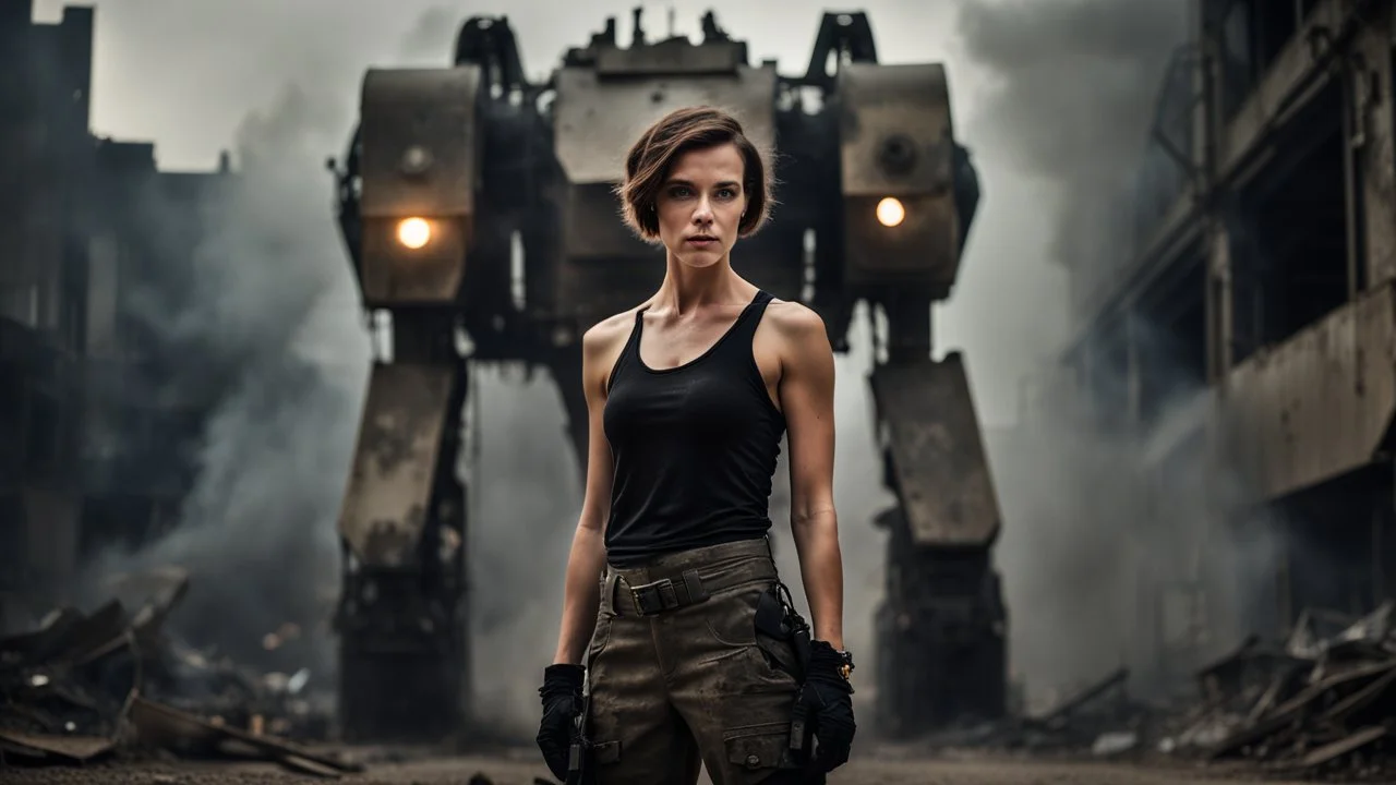 beautiful slender caucasian female technician with a knife, black tank top, well toned muscles, weathered face, scratched sand camo metal details, short brunette wavy bob haircut, dystopian, postapocalyptic city scene with smoke and explosions. giant robot in the background