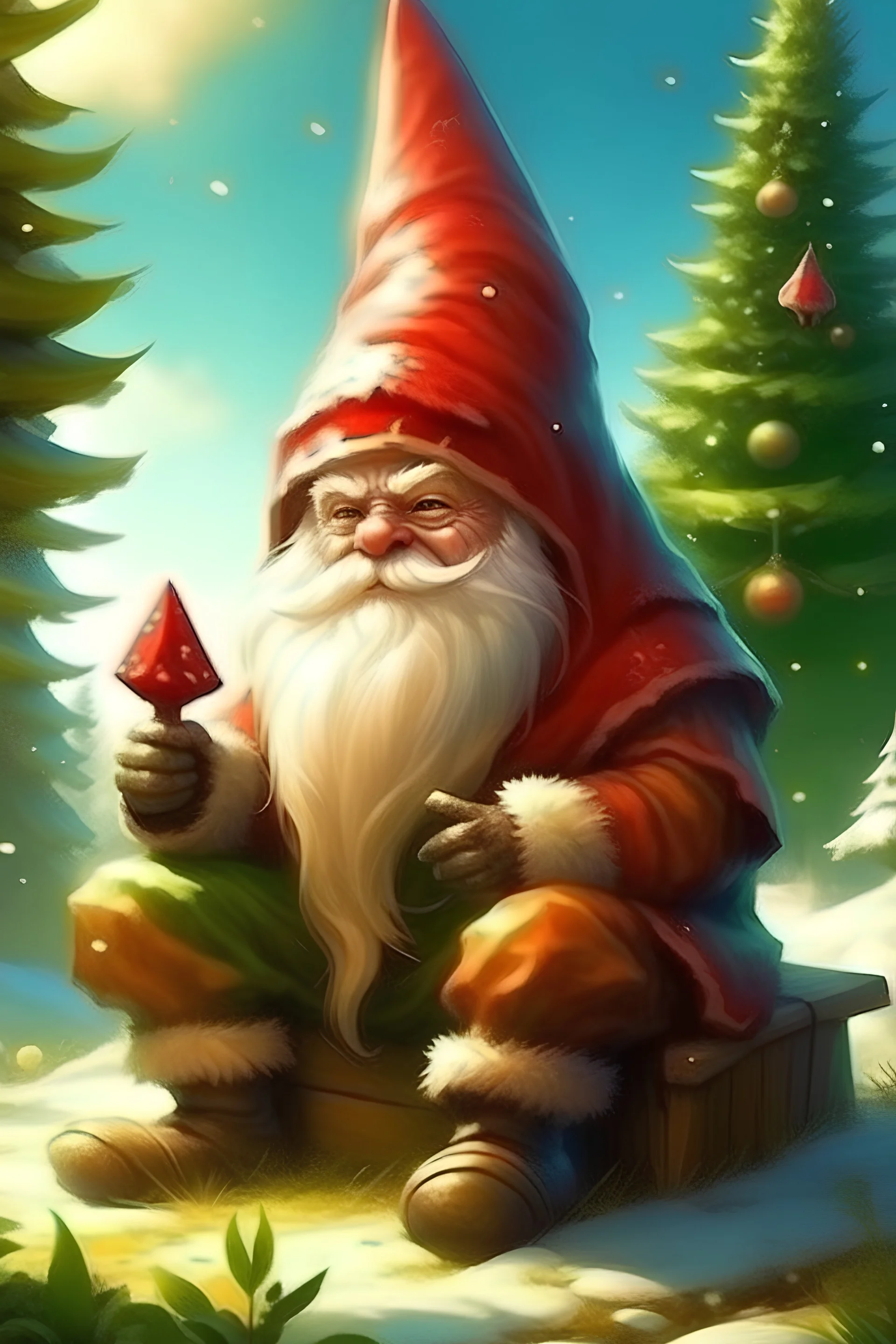 One Santa Claus, faeries, gnomes, Christmas Tree, sunny weather, realistic picture