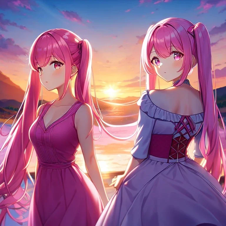 girl, masterpiece, best quality, cinematic lighting, detailed outfit, perfect eyes, long hair, pink hair, twin tail, pink eyes, vibrant colors, pink outfit, landscape, sunset, pink sky,