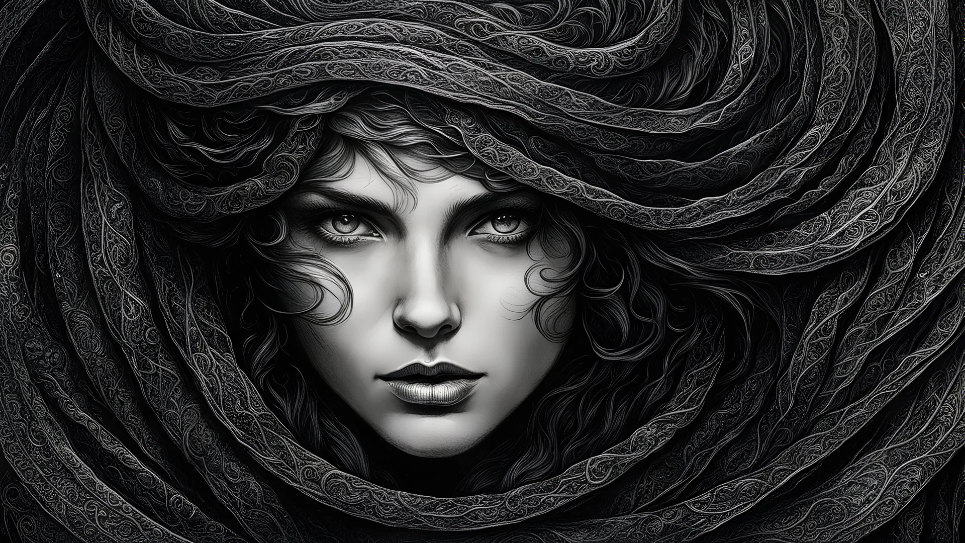 Coiled scourge on a black background (masterpiece, best quality:1.4) , in the style of nicola samori, illustration by Roy Krenkel, extremely detailed, intricate background details, close-up, beauty, clean ink lines, fine details, crosshatching shadows, etching, rpg portrait