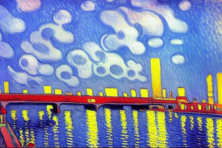 Retrowave city, clouds, camille pissarro painting, konstantin korovin, and retrowave painting