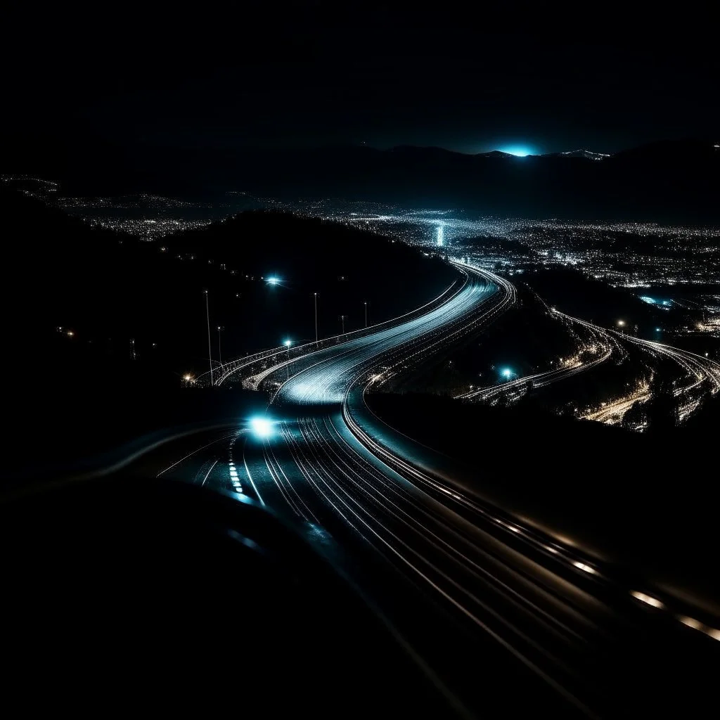 night time, a car dashboard lighting up, a dark mountain road in the windscreen, with a beautiful city in the distance, photo quality
