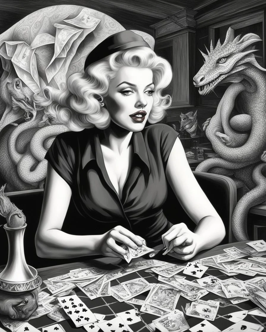 awesome mc escher illustration black and white style beautiful woman marilyn monroe playing poker smoking hip hop gangster hat chasing dragon, (illustration: 1.3), masterpiece, awesome illustration