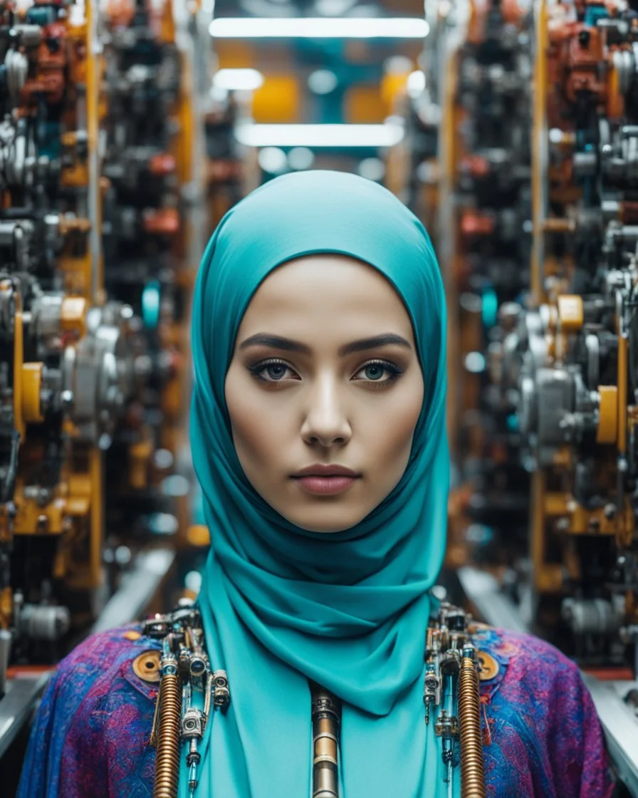 potrait cinematography colors a beautiful face woman humanoid hijab robot mechanical walking in between two rows of complex machinery with vibrant colors