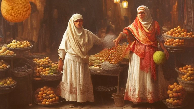 A full-length Palestinian girl wearing an embroidered dress and a white embroidered shawl buys oranges from an old seller wearing a keffiyeh in the market of Jerusalem, 100 years ago, at night with multi-colored lights reflecting on her.