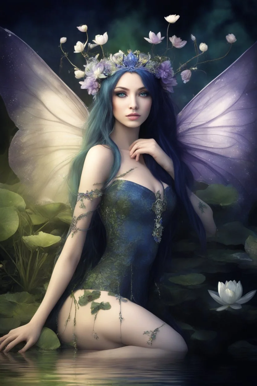 Dark blue hair , tiara, purple hair, dark , fairy,nymph saphire, blue, emerald,rapunzel hair ,enchanted ,,purpleydragonfly,elven crown, gothic,water lilies, lotus,pond,amethyst