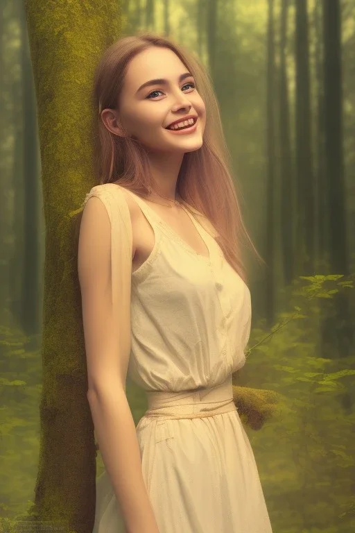 Beautiful smile of feminine girl in the forest in the 3PM in the afternoon ín 24K Resolutions, ultra HD, Professional PHOTOGRAPHY