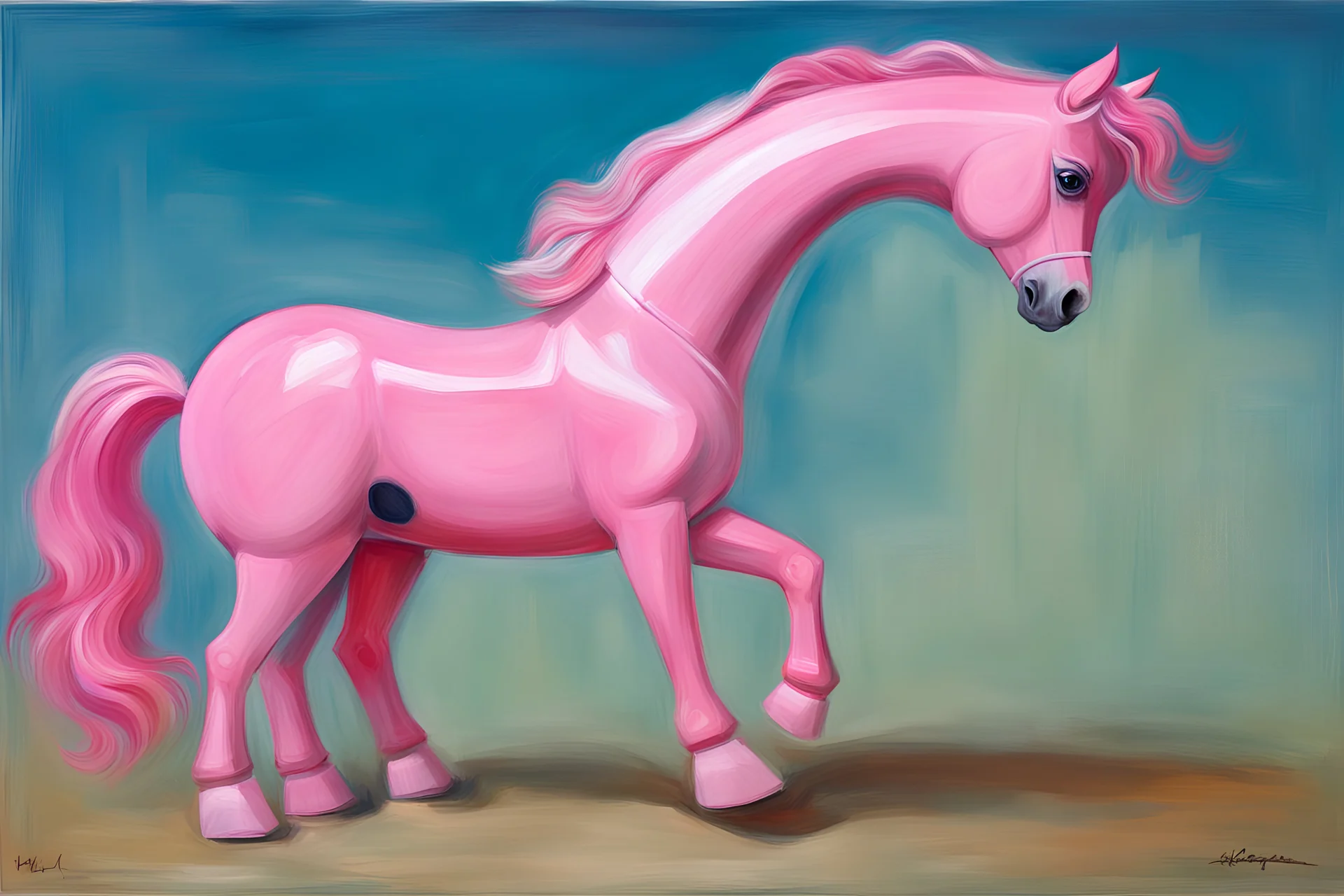 Big pink plastic toy horse.19th painting